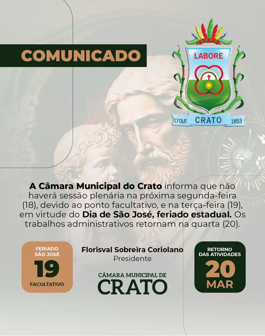 Câmara Municipal do Crato tem ponto facultativo nesta segunda-feira (18)